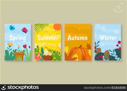 four season illustration set winter autumn fall summer