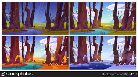 Four season set of mountain river flowing in forest. Vector cartoon illustration of rainy spring, green summer, yellow autumn, snowy winter landscape wit trees, clouds in blue sky, beautiful nature. Four season set of mountain river in forest