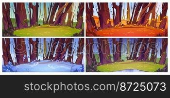 Four season vector illustration set of forest glade changing during year. Cartoon landscape in summer, autumn, winter, spring. Green, yellow, snow white and blooming trees. Weather forecast background. Four season vector illustration of forest glade