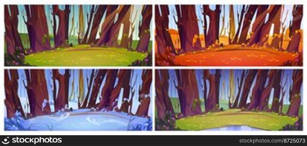 Four season vector illustration set of forest glade changing during year. Cartoon landscape in summer, autumn, winter, spring. Green, yellow, snow white and blooming trees. Weather forecast background. Four season vector illustration of forest glade