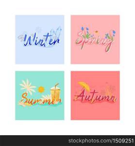 Four seasons banner flat vector template. Hot and cold weather horizontal poster word concepts design. Floral cartoon illustrations with typography. Seasonal words on colorful background