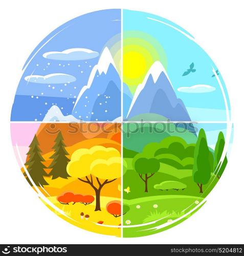 Four seasons landscape. Illustrations with trees, mountains and hills in winter, spring, summer, autumn.. Four seasons landscape. Illustrations with trees, mountains and hills in winter, spring, summer, autumn