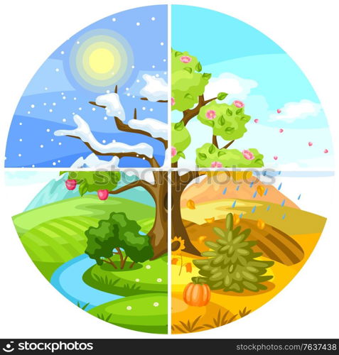 Four seasons landscape. Natural illustration with trees, mountains and hills in winter, spring, summer, autumn.. Four seasons landscape. Illustration with trees, mountains and hills in winter, spring, summer, autumn.