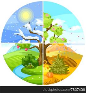 Four seasons landscape. Natural illustration with trees, mountains and hills in winter, spring, summer, autumn.. Four seasons landscape. Illustration with trees, mountains and hills in winter, spring, summer, autumn.