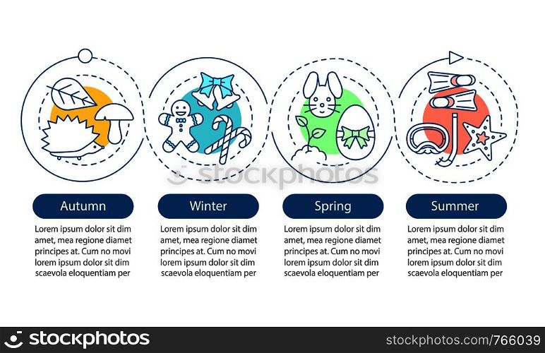 Four seasons vector infographic template. Winter, autumn, spring, summer. Presentation. Data visualization with four steps and options. Process timeline chart. Workflow layout with linear icons. Four seasons vector infographic template