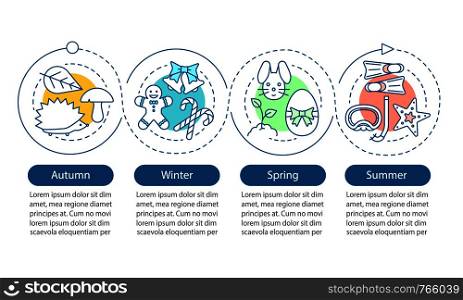 Four seasons vector infographic template. Winter, autumn, spring, summer. Presentation. Data visualization with four steps and options. Process timeline chart. Workflow layout with linear icons. Four seasons vector infographic template