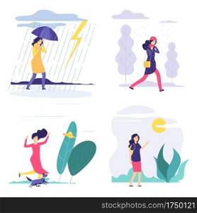 Four seasons. Woman various weather illustration. Vector autumn summer winter spring concept with flat girl. Season four, girl in rain or snow. Four seasons. Woman various weather illustration. Vector autumn summer winter spring concept with flat girl