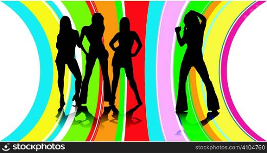 Four sexy dancers in silhouette on a rainbow background