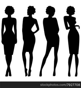 Four slim attractive women black silhouettes, hand drawing vector artwork