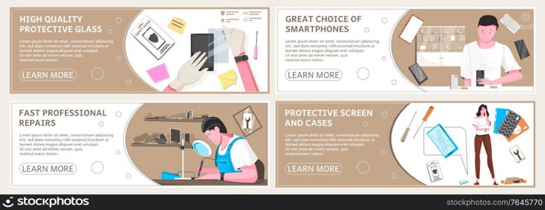 Four smartphone flat banner set with high quality protective glass fast professional repairs great choice of smartphones descriptions vector illustration