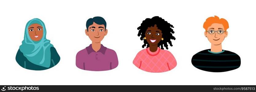 Four smiling young people, students, colleagues. Cartoon avatars. Simple diverse character portraits. Four young people diverse students or coworkers