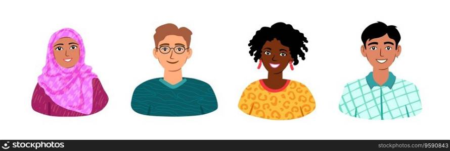 Four smiling young people, students, colleagues in nice clothes. Cartoon avatars. Simple portraits. Four young people diverse students coworkers