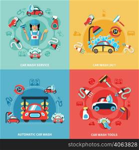 Four square car wash 24/7 colorful compositions with cartoon cars cleaning agents and tools images vector illustration. Car Wash Compositions Set