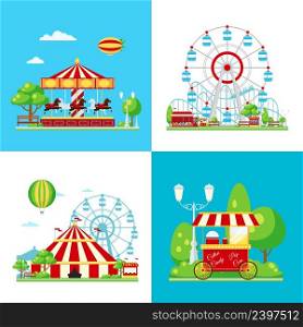 Four square colored amusement park composition with ferris wheel carousel circus and ice cream van vector illustration. Colored Amusement Park Composition 