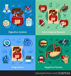 Four square colored digestive system icon set with diagnostics gastrological disease and negative factors descriptions vector illustration. Digestive System Icon Set