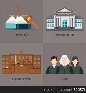 Four square flat law icon set with judicial system, law books,house of justice and judges, Vector illustration.
