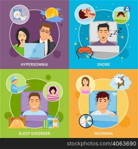 Four square sleeping disorder compositions with flat images representing different kinds of somnipathy with patient characters vector illustration. Sleep Disorders Compositions Set