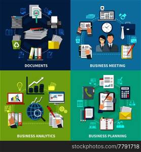 Four squares business items composition set with documents business meetings analytics and planning descriptions vector illustration. Business Items Composition Set