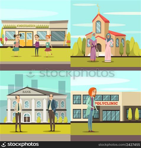 Four squares orthogonal municipal buildings icon set with kindergarden church bank and polyclinic vector illustration . Orthogonal Municipal Buildings Icon Set