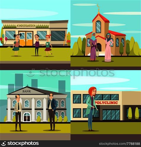 Four squares orthogonal municipal buildings icon set with kindergarden church bank and polyclinic vector illustration . Orthogonal Municipal Buildings Icon Set