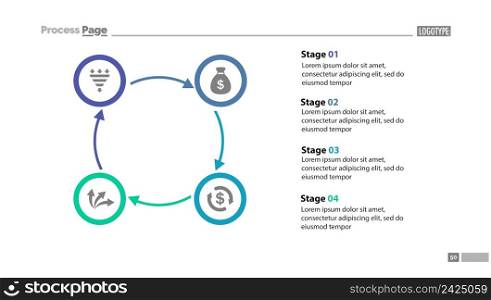 Four stages cycled process chart template with descriptions. Diagram, strategy, plan. Concept for presentation, templates, annual report. Can be used for topics like business, finance, banking