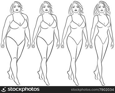 Four stages of a woman on the way to lose weight, black vector contour isolated on white background