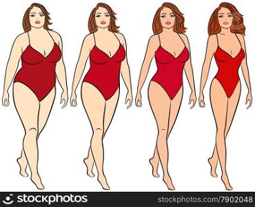 Four stages of a woman on the way to lose weight, colorful vector illustration isolated on white background