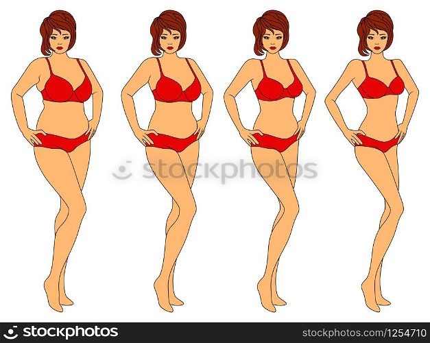 Four stages of charming woman on the way to lose weight in red swimwear, illustration isolated on white background