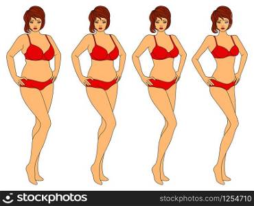 Four stages of charming woman on the way to lose weight in red swimwear, illustration isolated on white background