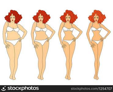 Four stages of elegant lady on the way to lose weight in red swimwear, illustration isolated on white background