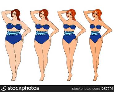 Four stages of elegant lady on the way to lose weight in blue swimwear, illustration isolated on white background