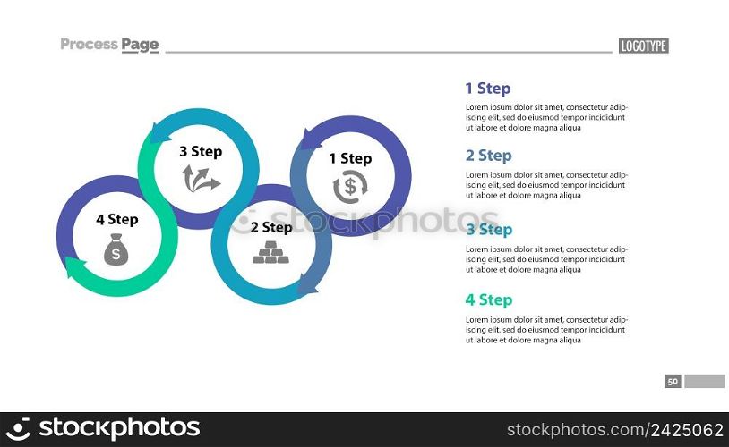 Four step process chart with descriptions. Diagram, strategy, plan. Concept for presentation, templates, annual reports. Can be used for topics like planning, finance, banking