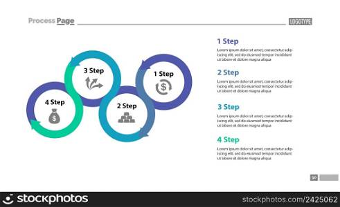 Four step process chart with descriptions. Diagram, strategy, plan. Concept for presentation, templates, annual reports. Can be used for topics like planning, finance, banking