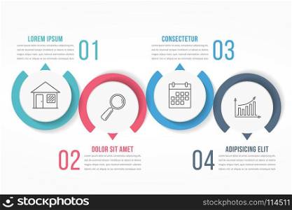 Four Steps Infographics. Process diagram template with circles, flowchart or workflow with four elements, steps or options, business infographics, vector eps10 illustration