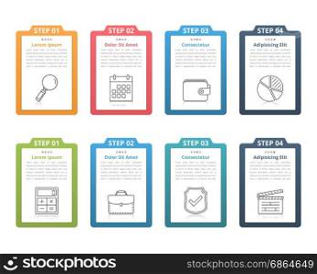 Four Steps Infographics. Set of infographic elements with numbers, line icons and place for your text, can be used as workflow, process, steps or options, vector eps10 illustration