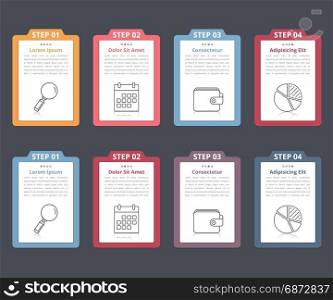 Four Steps Infographics. Set of infographic elements with numbers, line icons and place for your text, can be used as workflow, process, steps or options, vector eps10 illustration