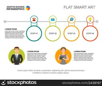 Four steps process chart template for presentation. Vector illustration. Diagram, graph, infochart. Vision, idea, planning or marketing concept for infographic, report.
