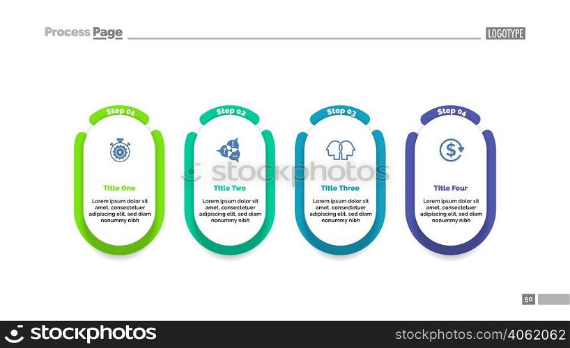Four steps project process chart template for presentation. Vector illustration. Abstract elements of diagram, graph, infochart. Workflow, plan, business or marketing concept for infographic, report.