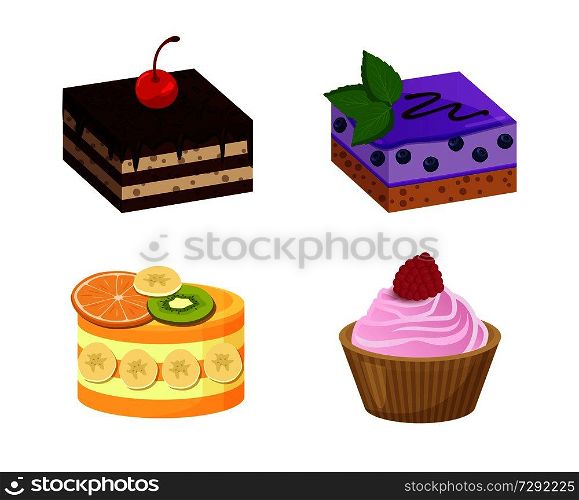 Four sweet dessert posters, vector illustration of tasty cakes with various berries and one cupcake with pink cream and raspberry, isolated on white. Four Sweet Dessert Posters Vector Illustration