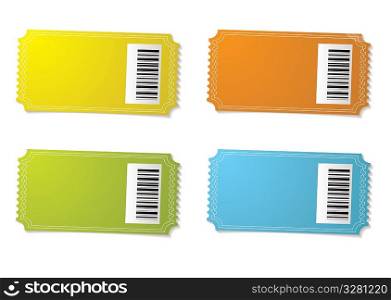 Four ticket stubs with color variation and barcode