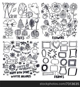 Four trees flowers winter holidays frames cards vector illustration with lot of hand drawn templates, font text, firs santa snowman wreath roses gifts. Four Trees Flowers Winter Holidays Frames Cards