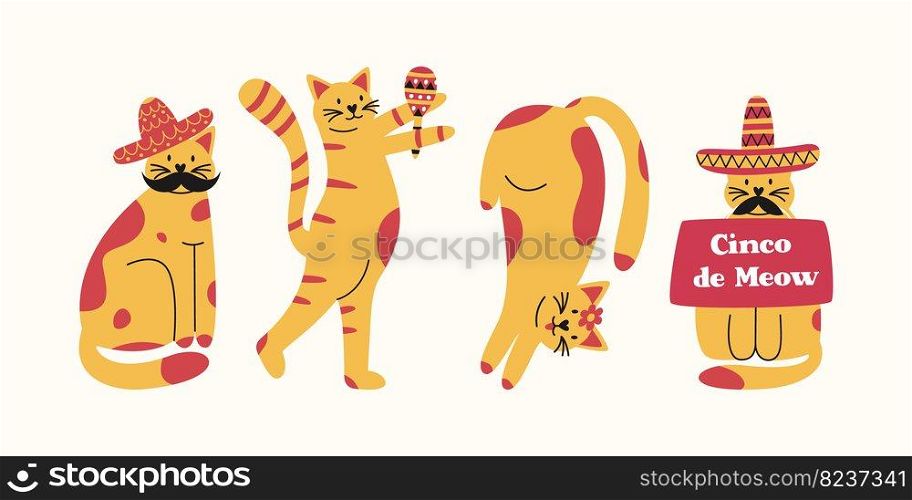Four trendy vector illustrations of cats in hats with mustache and maracas