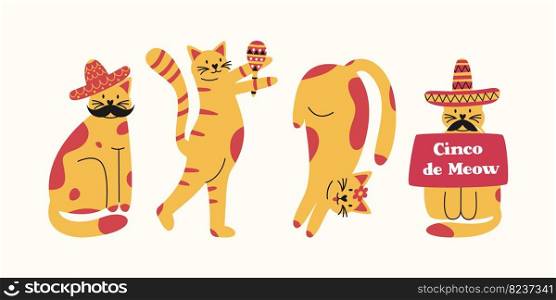 Four trendy vector illustrations of cats in hats with mustache and maracas
