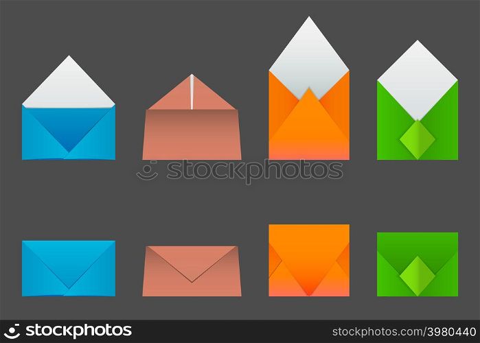 Four types of envelopes made from colored paper. Open and closed envelopes in different colors.