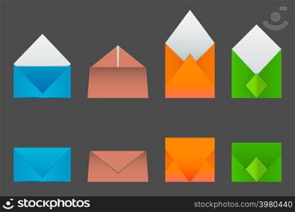 Four types of envelopes made from colored paper. Open and closed envelopes in different colors.