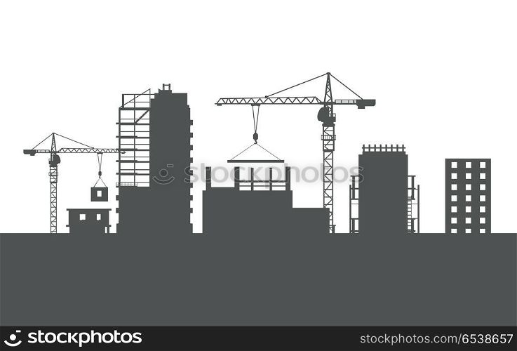 Four Unfinished Buildings. Two Cranes. Colourless. Four unfinished buildings silhouettes. Industrial cranes. Process of building. Big cranes holding special elements. Various kinds of houses. Illustration of construction. Cartoon design. Vector