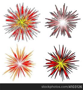 Four various explosions with cartoon style fire in bright colors