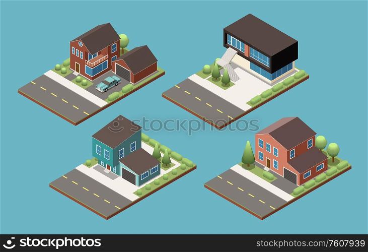 Four various project of suburban private two floors cottage with annex for garage isometric vector illustration