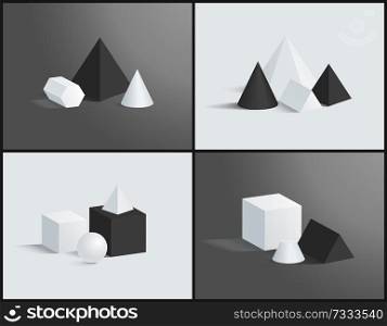 Four vector illustration with geometric prisms set, black and white square pyramids, hexagonal and pentagonal, triangular prisms, cubes and sphere. Four Vector Illustration with Geometric Prisms Set