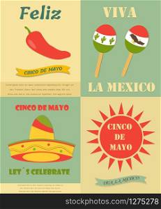 Four vintage banners with different symbols for Cinco de Mayo holiday. Four banners with different symbols for Cinco de Mayo holiday